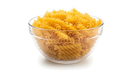 A bowl of uncooked fusilli pasta on a white background for food styling