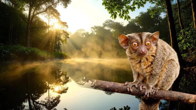 A silky sifaka lemur perched on a branch overlooking a serene forest lake at sunrise.
