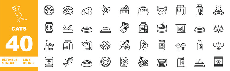 Cat Care & Feline Nutrition Icons. Editable stroke vector icons for domestic cat services. Featuring cat food cans, salmon treats, feline medicine, feeding bowls, grooming supplies, and organic catnip © Neko funny