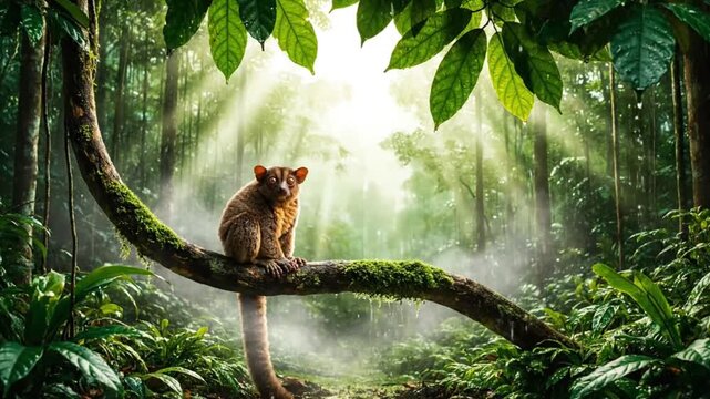 A curious lemur sitting on a curved tree branch in a misty, sunlit rainforest with lush greenery.