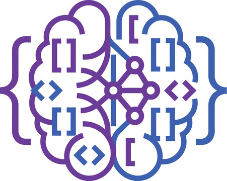 Brain illustration with coding symbols and lines represents ai coding algorithm technology