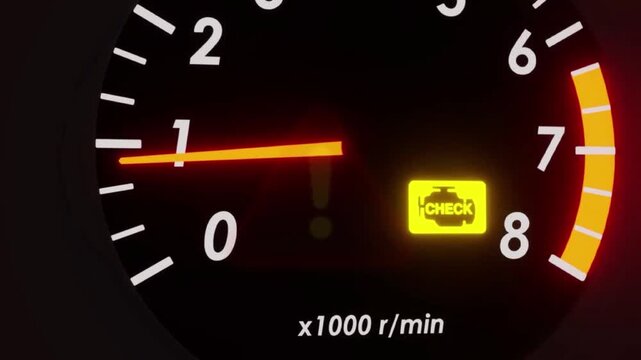 Glowing Yellow Check Engine Light Warning Signal on Car Dashboard