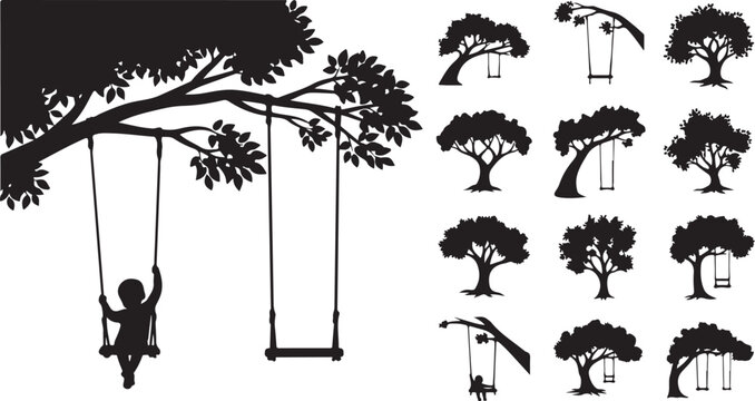 Silhouette of child on swing under tree branches set