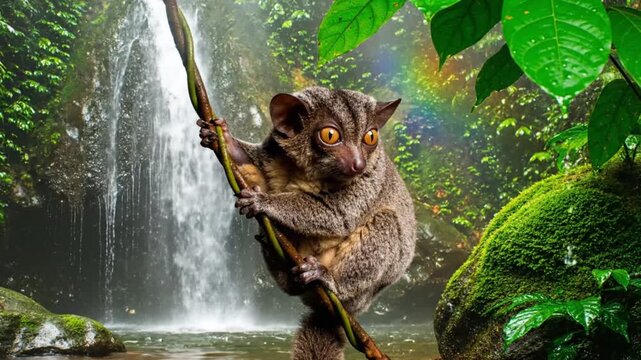 A slow loris perched on a branch in front of a lush waterfall with vibrant greenery and a serene natural atmosphere.