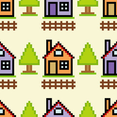 Obraz premium Seamless pattern with houses pixel art