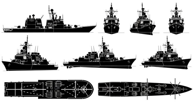 Aegis Destroyer Warship Technical Illustration Set