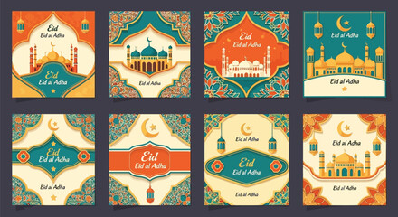 A collection of eight vibrant Eid al-Adha greeting card designs featuring mosques, crescent moons, and intricate Islamic patterns in a rich color palette. © Terra