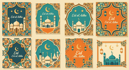 Collection of eight elegant Eid al-Adha greeting cards featuring mosques, crescent moons, stars, and intricate Islamic patterns in various colors. © Terra