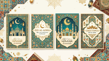 Four beautifully designed Eid Al-Adha and Eid Mubarak greeting cards featuring mosques, crescent moons, and intricate Islamic patterns. © Terra