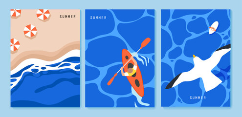 A set of minimal flat vector illustrations featuring a beach landscape, a person kayaking, and seagulls from a top-down perspective. © Studio Mei Design