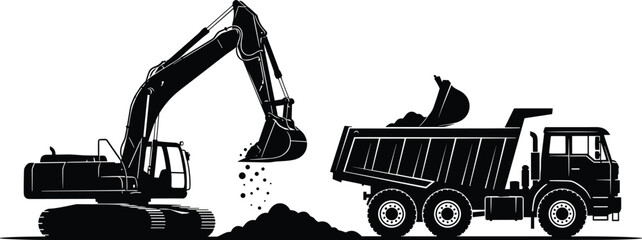 Heavy excavator digging and loading soil into tipper dump truck silhouette isolated on white background, construction site machinery flat vector illustration cad drawing. © MdAnisur