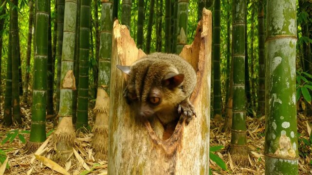 Close-up of a slow loris peeking from behind a cut bamboo stump in a dense bamboo forest with warm natural lighting.