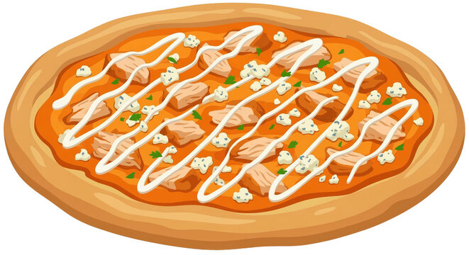 PNG cut out isolated background. A vibrant flat vector illustration of a whole Buffalo chicken pizza shown from an isometric perspective