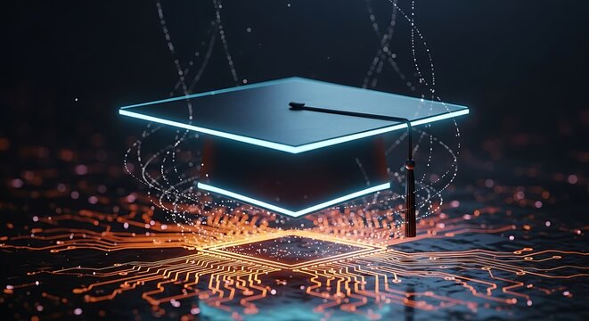 Graduation Cap Hanging with Neon Light Effects.