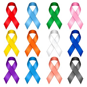 Array of twelve tied ribbons in various vibrant colors, arranged in a 3x4 grid, each representing different causes or awareness