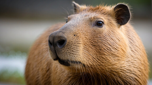 close up of a capybara on a river