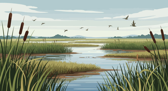 Illustration of a serene wetland ecosystem on World Wetlands Day featuring a Crane and birds flying over water with cattails and lush greenery in the foreground against a blue sky