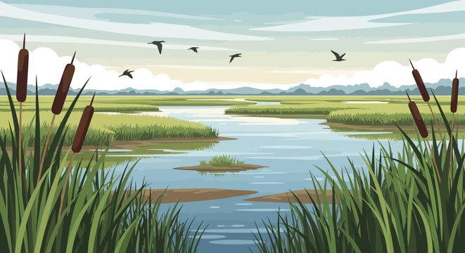 Illustration of a serene wetland ecosystem on World Wetlands Day with a crane flying over a river and cattails in the foreground against a soft, green and blue background.
