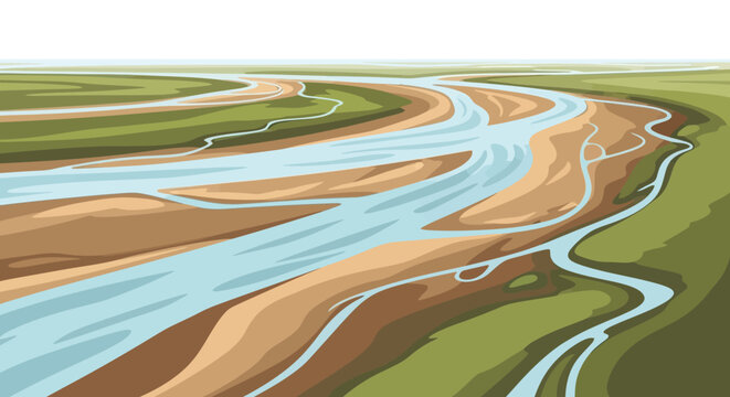 Illustration of a winding river through a wetland ecosystem on World Wetlands Day, with a crane in the background, promoting wetland conservation and design.