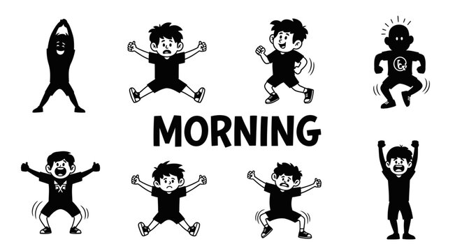 Energetic children doing morning exercises and jumping with joy, active kids celebrating and stretching.