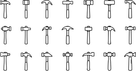 Obraz premium Diverse Hammer Types Outline Icons Set for Construction DIY. Collection of Hand Tools for Carpentry, Repair, and Building Projects.