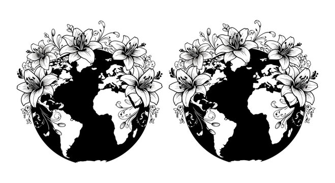 Dual hemispheric globe illustrations with intricate decorative borders surrounding each. Vector, illustration