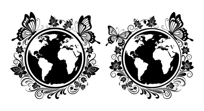 Elegant black and white butterfly framed globes with intricate decorative borders Vector, illustration