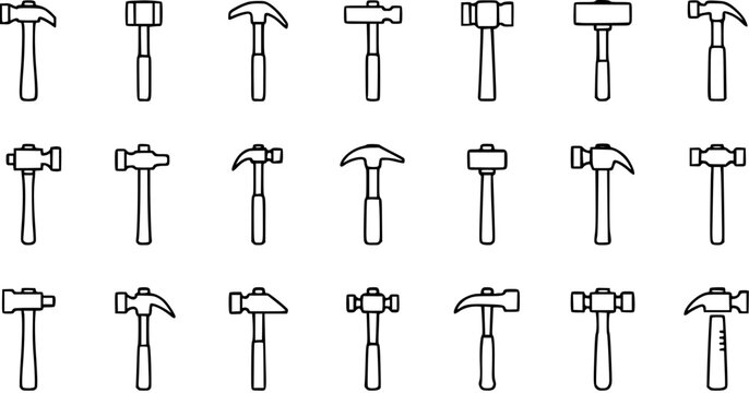 Diverse Hammer Types Outline Icons Set for Construction  DIY. Collection of Hand Tools for Carpentry, Repair, and Building Projects.