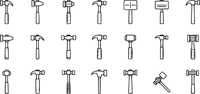 Collection of Various Hammer Tools Line Art Icons Set on a White Background for Construction and Repair