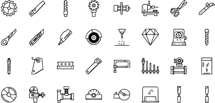 Outline Icons Set of Industrial Tools, Workshop Equipment, Machining, and Cutting for Manufacturing and Craftsmanship