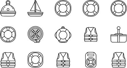 Nautical Safety Icons: Life Buoys, Life Vests, Sailboat, Buoy, and Mooring Bollard © pixraw