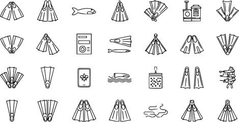 Collection of Black and White Line Art Icons Related to Swimming and Water Activities © pixraw