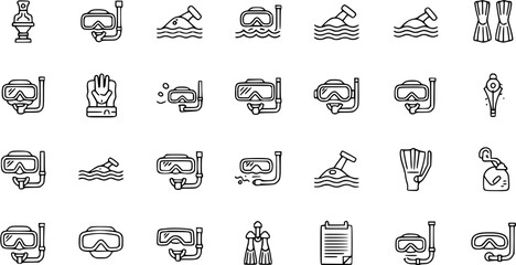 Snorkeling and Scuba Diving Outline Icons Set with Mask, Snorkel, Fins, Underwater Equipment, and Related Activities, Line Art Vector Collection © pixraw