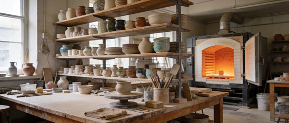 Fototapeta premium Professional pottery studio interior with shelves of handmade ceramic pots, bowls, and vases, a workbench with tools and a pottery wheel, and a large industrial kiln glowing with heat.
