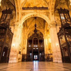 Naklejka premium An interior perspective of a cathedral with ornate details on walls and ceilings, and intricate metal gates on both sides