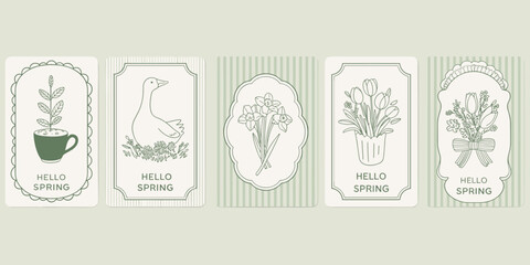 Spring Themed Illustrated Cards with Botanical and Animal Motifs hello spring greeting card © MST Hasina
