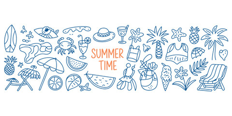 Summer Time Doodle Icons Blue Line Art on White Background Keywords: summer time, summer, icons, set, doodle, hand drawn © MST Hasina