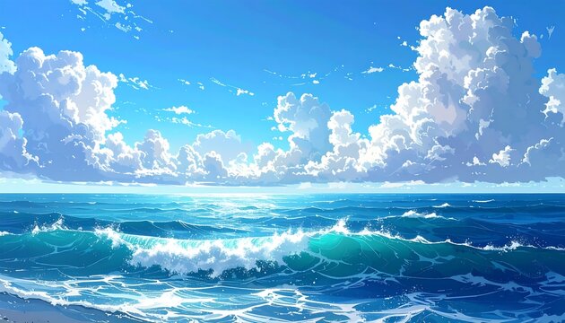 Animated ocean scene under a clear blue sky, fluffy white clouds drift above rolling turquoise waves, a sunny day
