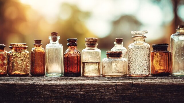 Collection of small antique glass bottles with corks on wood
