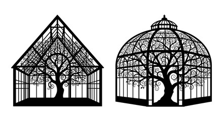 Comparative architectural designs of greenhouse and conservatory structures with trees inside. Vector, illustration © Khusbo