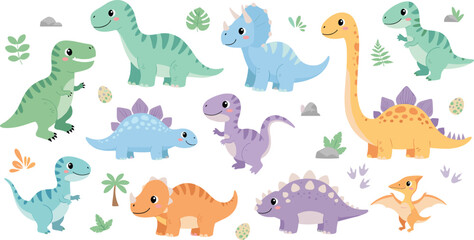 "Collection of Cute Cartoon Dinosaurs in Various Colors with Leaves and Rocks for Kids' Educational Designs" © MeheDi