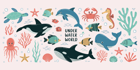 Underwater world with sea creatures and coral on a light pink background Keywords: underwater, ocean, sea, world, marine, life © MST Hasina