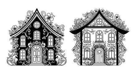 Comparative illustration of two distinctive european style houses with floral decorations Vector, illustration