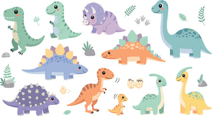 Cute Cartoon Dinosaur Set Featuring T-Rex, Stegosaurus, Triceratops, Baby Dinosaurs, and Dinosaur Eggs for Kids' Educational and Fun Designs © MeheDi