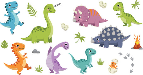 Cartoon Dinosaur Illustration Set Featuring Friendly Dinosaurs, Eggs, Volcano, and Leaves for Kids' Designs and Education © MeheDi