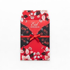 Obraz premium Illustration of eid mubarak gift wrapped in red ribbon with floral pattern on black
