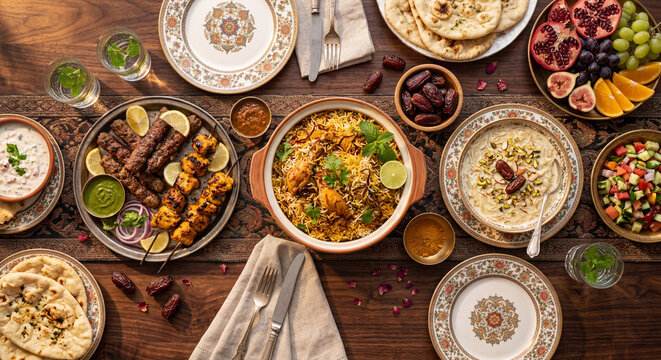 Traditional Eid feast table with biryani kebabs desserts and festive Islamic celebration food