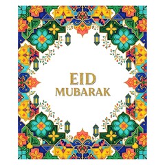 Fototapeta premium Illustration of vibrant eid mubarak greeting card with colorful floral patterns and lanterns isolated on white background