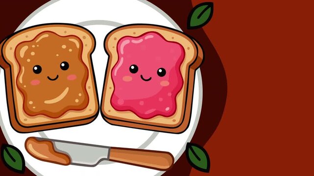 Peanut butter and jelly toast served on a plate with a knife. Classic breakfast concept featuring nut spread and fruit jam on bread, symbolizing homemade meals, tasty snacks, and simple comfort food.