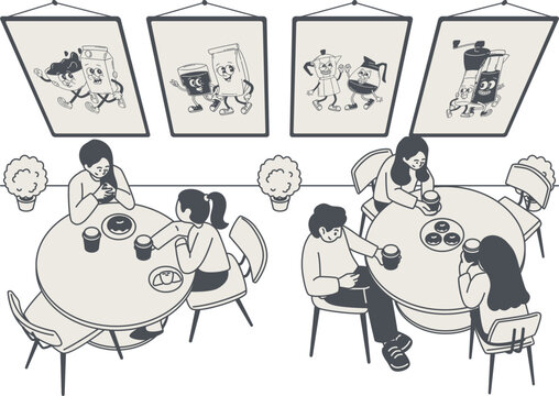 Teman berkumpul ceria di lingkungan kafe nyaman